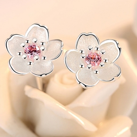 Flower Pendant Necklace Pink Gemstone Silver Set - Picture 6 of 7